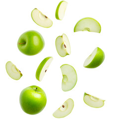 Wall Mural - Falling Green Apple Slices and Whole Apples Isolated on a Transparent Background