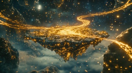 Wall Mural - a floating island illuminated by golden trails in a cosmic landscape.