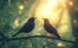 © Nattapat - Beautiful scene of male and female blackbirds perched together in a forest, engaging in pair behavior with sunlit bokeh in the background