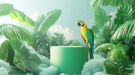 Poster - A vibrant parrot perched on a green pedestal amidst lush tropical foliage.