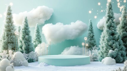 Sticker - A whimsical winter landscape with fluffy clouds, snowy ground, and frosted trees.