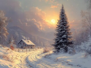 Wall Mural - majestic snow-covered christmas tree towers amidst a serene winter forest, illuminated by soft moonlight, creating a peaceful and festive ambiance. the scene's tranquility invites contemplation