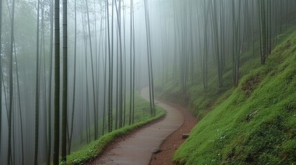 Sticker - A serene winding path through a misty bamboo forest, inviting exploration and tranquility.