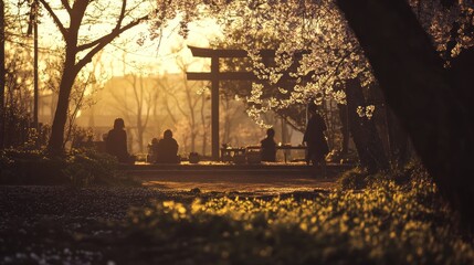 Wall Mural - A serene park scene at sunset, featuring cherry blossoms and people enjoying nature.