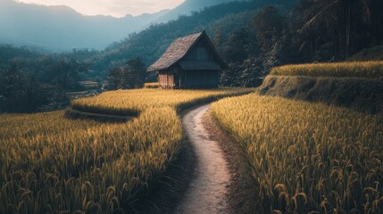 Sticker - Serene landscape featuring a rustic house amidst golden rice fields and mountains.