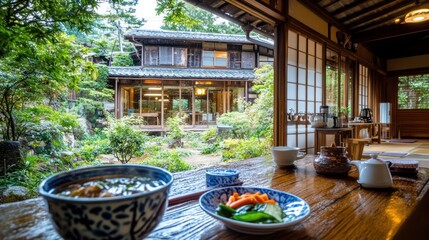 Wall Mural - A serene dining scene with traditional food overlooking a tranquil garden.