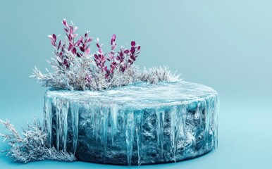 Canvas Print - An icy platform adorned with vibrant plants, creating a striking contrast in a serene setting.