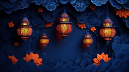 Poster - Charming paper cut style scene featuring a series of intricately designed lanterns in rich jewel tones against a dark blue background with space for text in the center