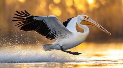 Sticker - A pelican gracefully skimming the water's surface at sunset.