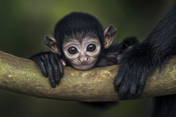 Wall Mural - A close-up of a young monkey resting on a branch, showcasing its expressive eyes and fur.