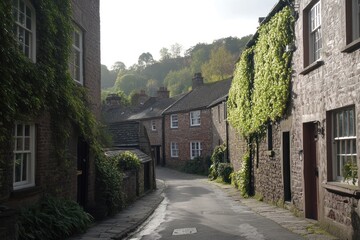 Sticker - A narrow, ivy-covered street in a quaint village, showcasing charming stone houses.