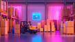© Rola - A vibrant warehouse scene featuring a forklift amidst neatly stacked boxes, illuminated by neon lights, creating a modern and dynamic atmosphere.