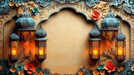 Poster - Charming paper cut style scene featuring layered lanterns in rich jewel tones against a warm beige background surrounded by delicate patterns with space for text on the right