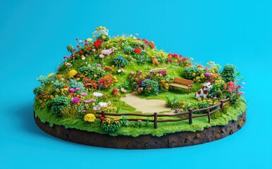 Poster - A vibrant miniature garden scene with flowers, a bench, and a cow, showcasing nature's beauty.