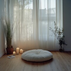 Wall Mural - A serene corner with a cushion, candles, and plants, creating a peaceful atmosphere.