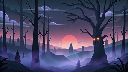 Wall Mural - Eerie forest scene with glowing eyes at dusk.