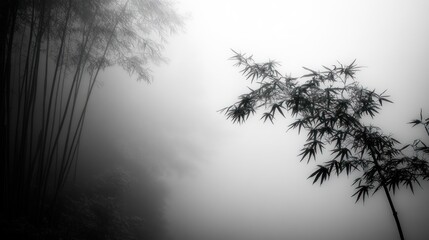 Poster - A serene, misty landscape featuring bamboo silhouettes against a foggy backdrop.