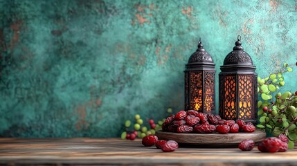 Poster - Charming Ramadan display focusing on dates in the foreground with a traditional lantern nearby on a wooden table framed by a textured green wall that provides ample space for festive text