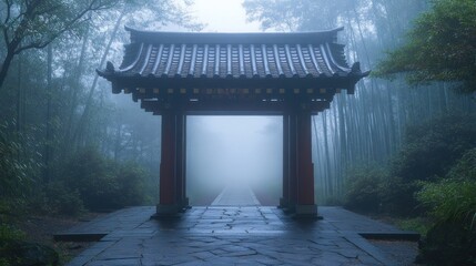 Sticker - A serene misty scene featuring a traditional archway surrounded by bamboo and fog.