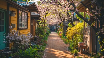 Wall Mural - A serene walkway lined with blooming cherry trees and colorful flowers in a quaint neighborhood.