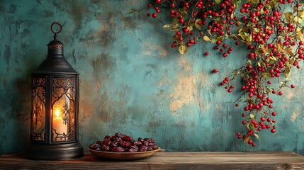 Poster - Charming Ramadan display focusing on dates in the foreground with a traditional lantern nearby on a wooden table framed by a textured green wall that provides ample space for festive text