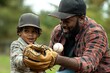 © Azhorov - A father teaches his young son how to catch a baseball in a park during a sunny afternoon. Generative AI