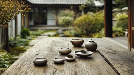 Wall Mural - A serene tea set arranged on a wooden table in a tranquil garden setting.