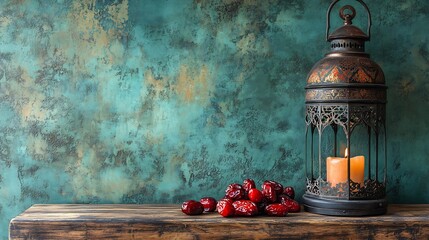 Poster - Charming Ramadan display focusing on dates in the foreground with a traditional lantern nearby on a wooden table framed by a textured green wall that provides ample space for festive text