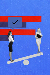 Vertical photo collage of two woman opponent party election stand scales comparison vote checkmark confirm isolated on painted background