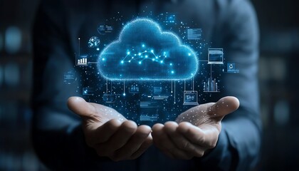 Fototapete - A professional businessman showcasing cloud computing infographics and technology icons in a stockgenerated concept of tech innovation