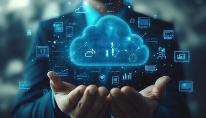 Fototapete - A professional businessman showcasing cloud computing infographics and technology icons in a stockgenerated concept of tech innovation