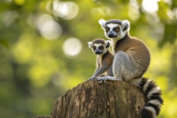 Poster - A pair of lemurs perched on a tree stump in a natural setting.