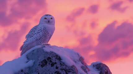 Wall Mural - A snowy owl perched on a rock against a colorful sunset backdrop.