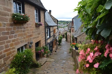 Poster - A quaint cobblestone street lined with charming houses and vibrant flowers.