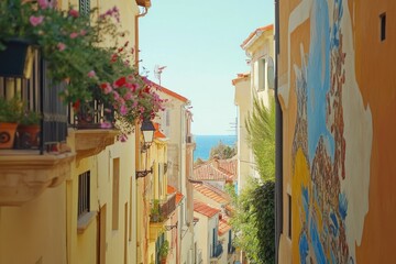 Poster - Scenic view of a coastal street with colorful buildings and flowers, leading to the ocean.