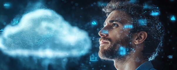 Fototapete - Creative stock image depicting a businessman with cloud computing infographics and tech icons, illustrating the concept of technologydriven transformation
