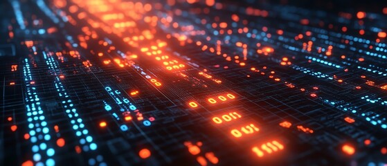 Poster - Dynamic background representing innovation in cyber technology, incorporating binary code, circuits, and glowing data streams