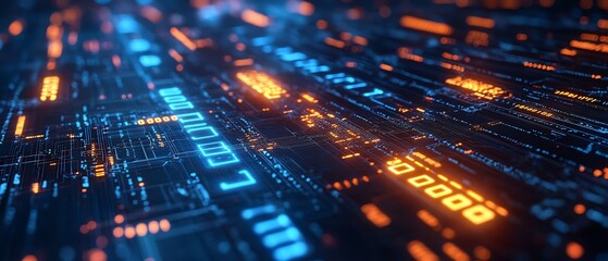 Poster - Dynamic background representing innovation in cyber technology, incorporating binary code, circuits, and glowing data streams