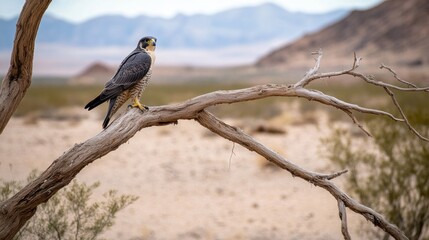 Wall Mural - A peregrine falcon perched on a branch in a desert landscape with mountains in the background.