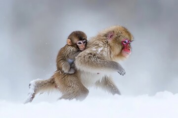 Poster - A mother monkey carries her baby through a snowy landscape.