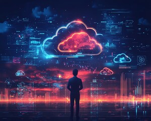 Fototapete - Illustration of a businessman presenting cloud computing infographics and technology symbols, emphasizing the concept of technological innovation in a stock image