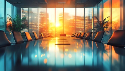 Overhead illustration of a modern conference room with integrated AI technology, featuring a blurred background and ample room for text overlays