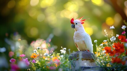 Poster - A vibrant cockatoo perched among colorful flowers in a serene garden setting.