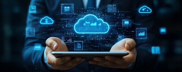 Aufkleber - Professional image of a businessman displaying cloud computing data and technology icons, emphasizing innovation and digital transformation in a stock concept