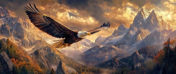 Canvas Print - A majestic eagle soars over a breathtaking mountain landscape at sunset.