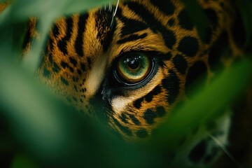 Wall Mural - A close-up of a jaguar's eye peeking through green foliage, showcasing its striking features.