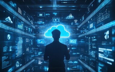 Aufkleber - Stockgenerated image of a businessman interacting with cloud computing infographics, surrounded by digital technology icons representing transformation