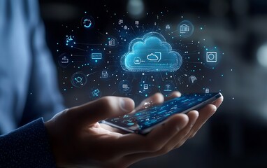 Aufkleber - Stockgenerated image of a businessman interacting with cloud computing infographics, surrounded by digital technology icons representing transformation