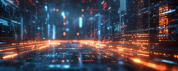 Fototapete - Visual representation of innovation in cyber technology, including circuit boards, data flow graphics, and modern tech interfaces in a stock image