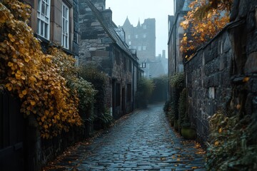 Poster - A misty cobblestone alley lined with autumn leaves and historic stone buildings.